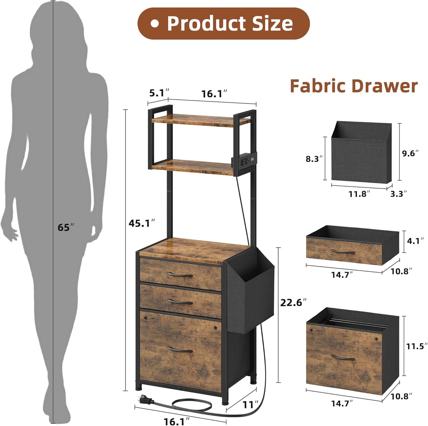 3 Drawer File Cabinet with Charging Station
