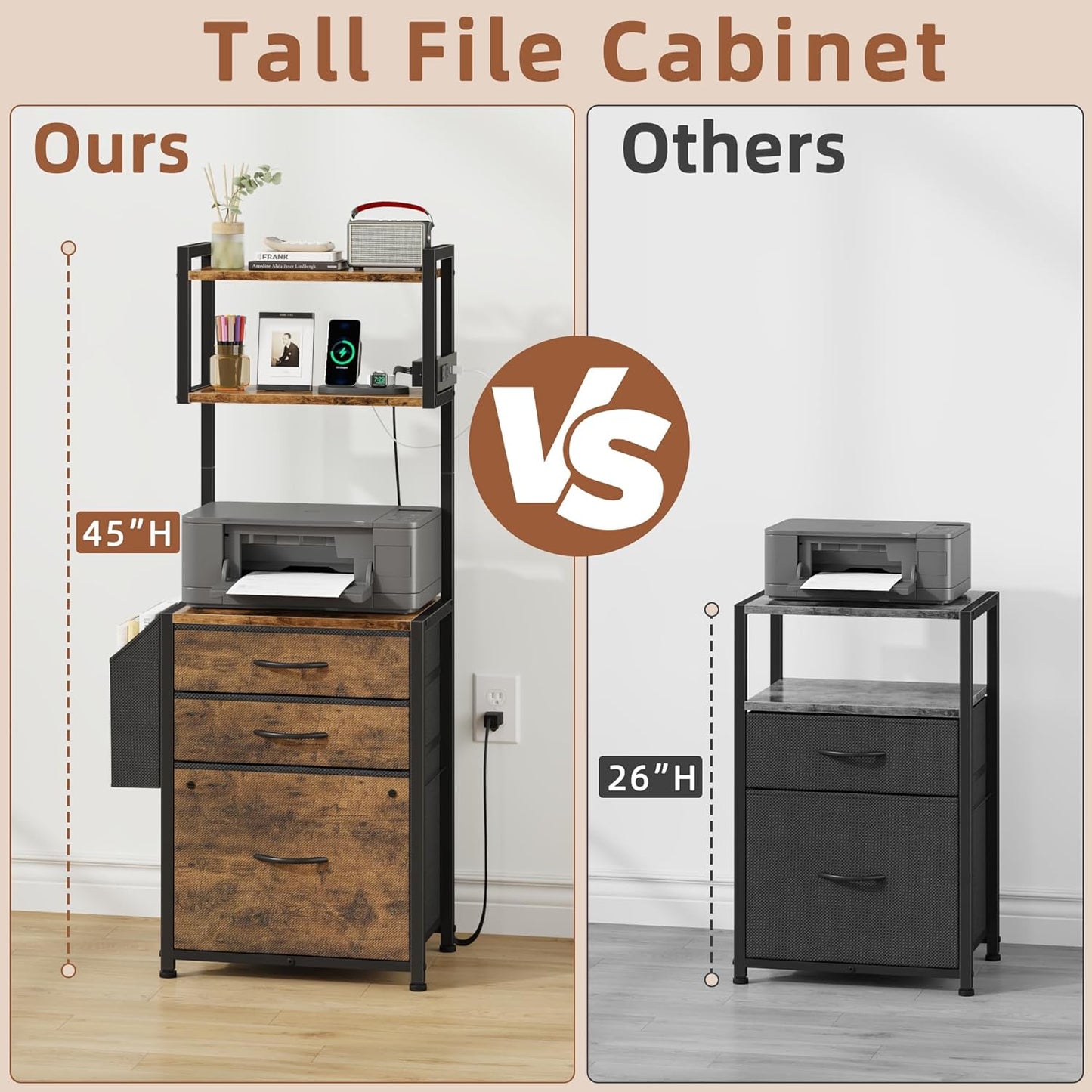 3 Drawer File Cabinet with Charging Station